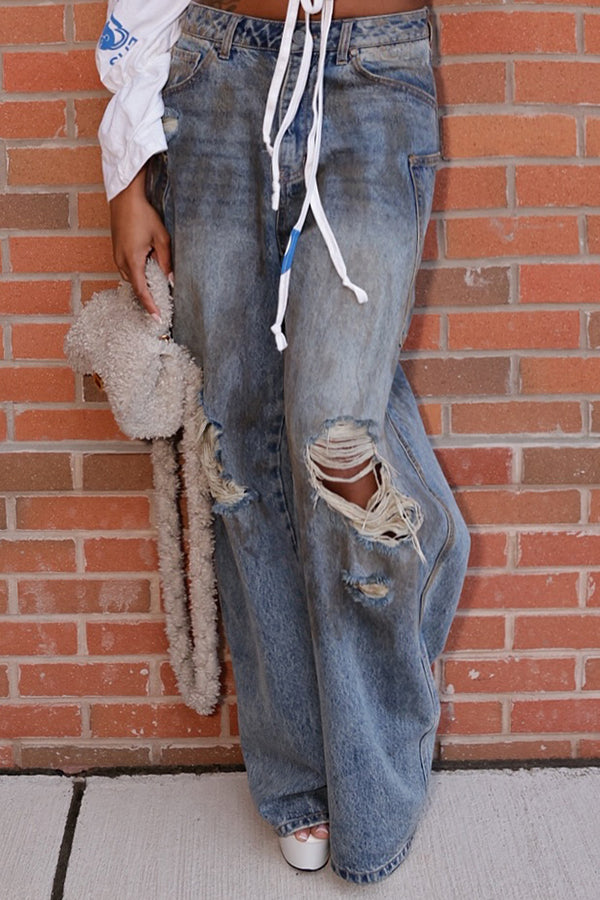 Casual Washed Ripped Pocket Design Low Rise Jeans