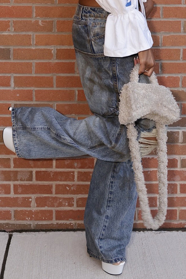 Casual Washed Ripped Pocket Design Low Rise Jeans