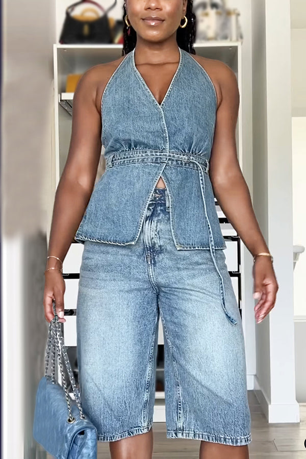 Casual Halter Belt Design Denim Top & Shorts Set