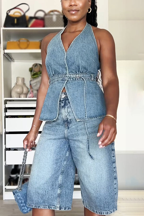 Casual Halter Belt Design Denim Top & Shorts Set