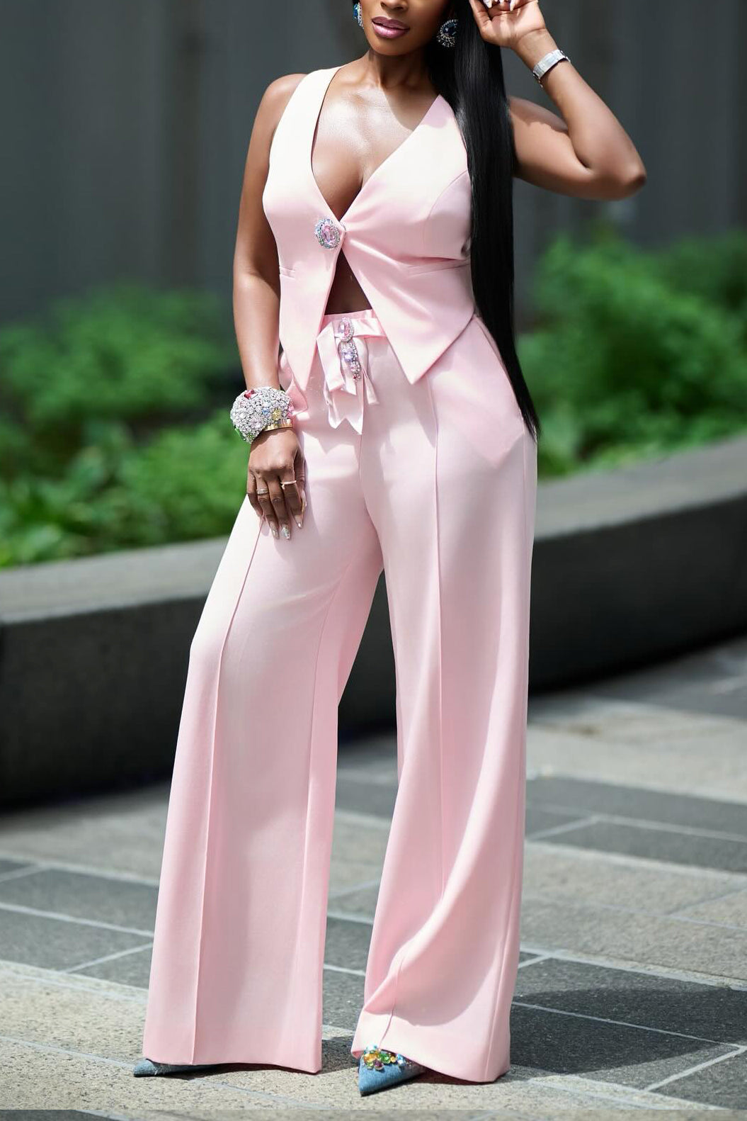 Bright Deep V-neck Vest & Straight Pants Set