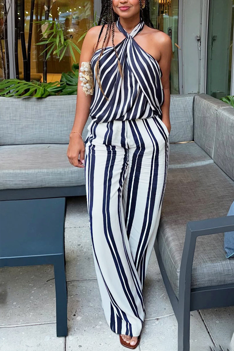 Stylish Striped Halter Top & Wide Leg Pants Set
