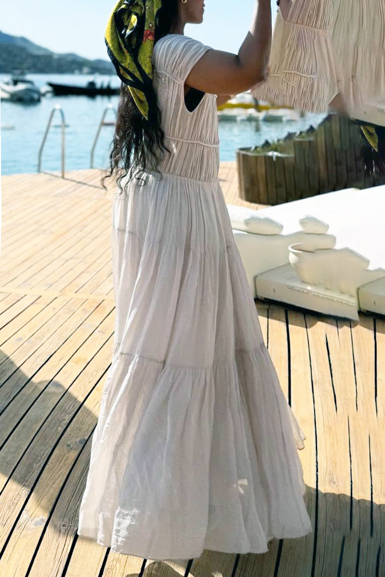 Vacation Pleated Ruffle Hem Maxi Dress