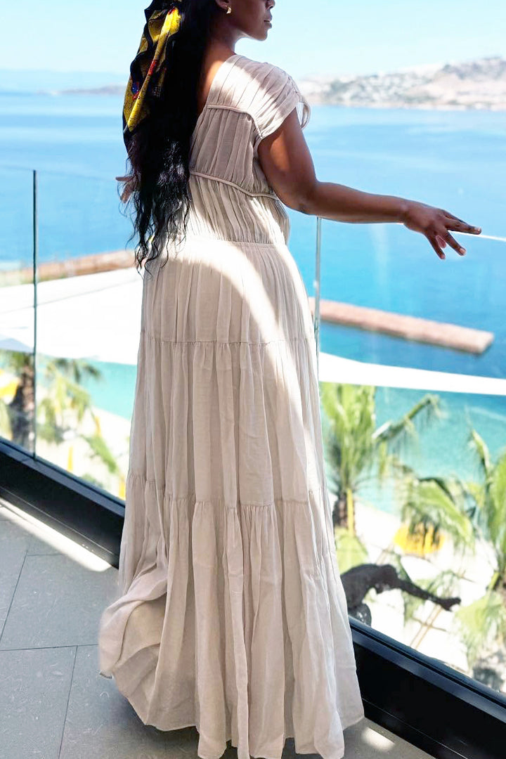 Vacation Pleated Ruffle Hem Maxi Dress