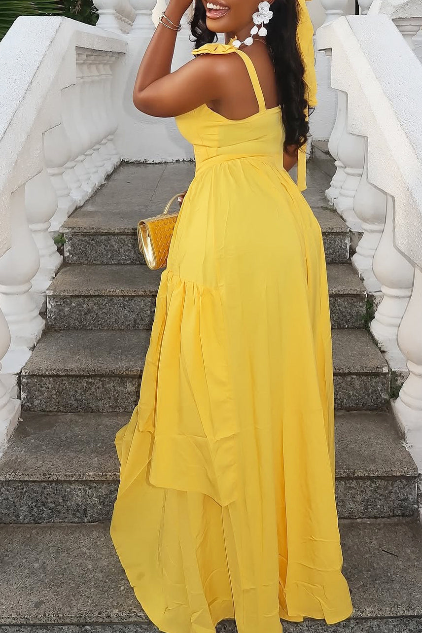 Playful Tiered Ruffle Bow Suspender Maxi Dress