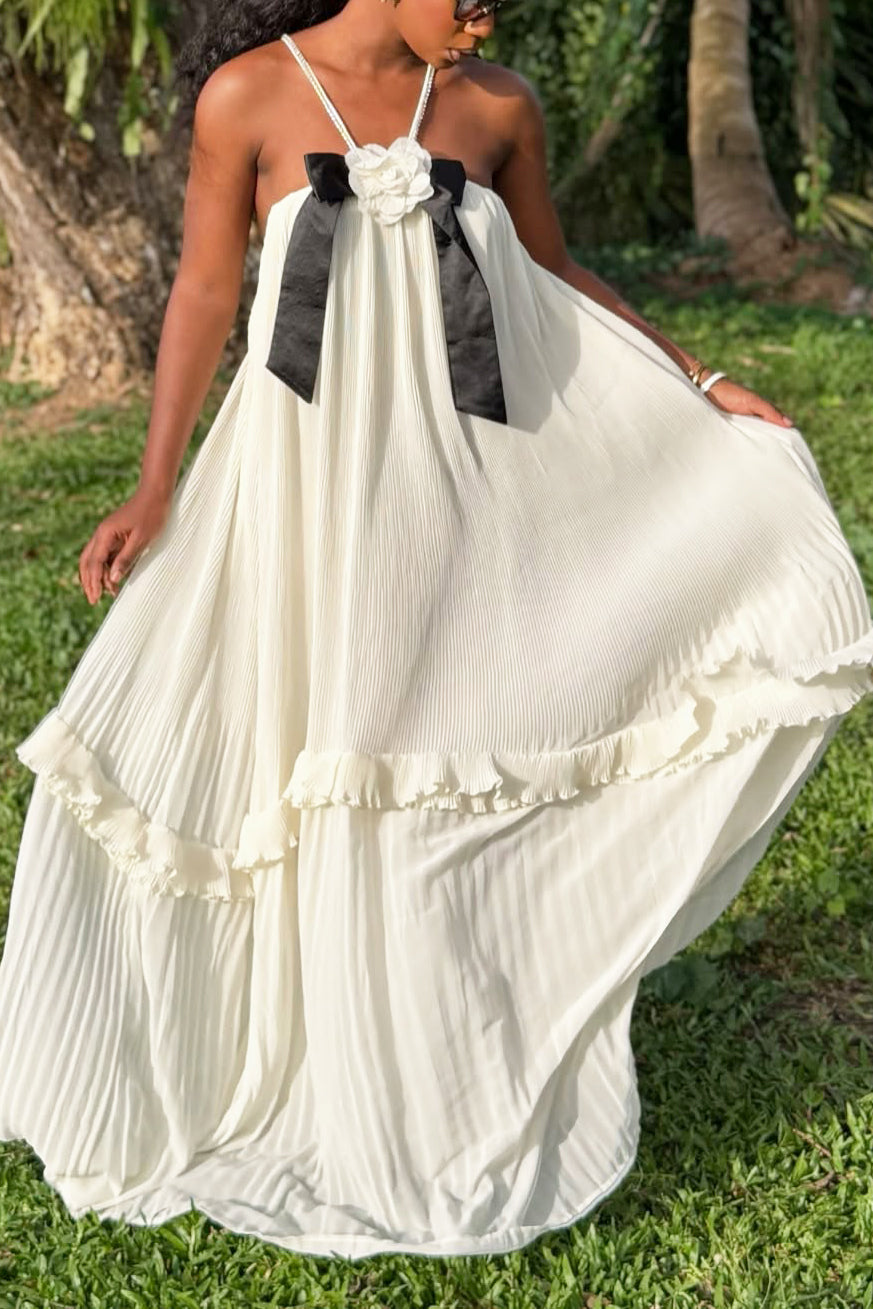 Chic Flower Bow Ruffle Pleated Halterneck Maxi Dress