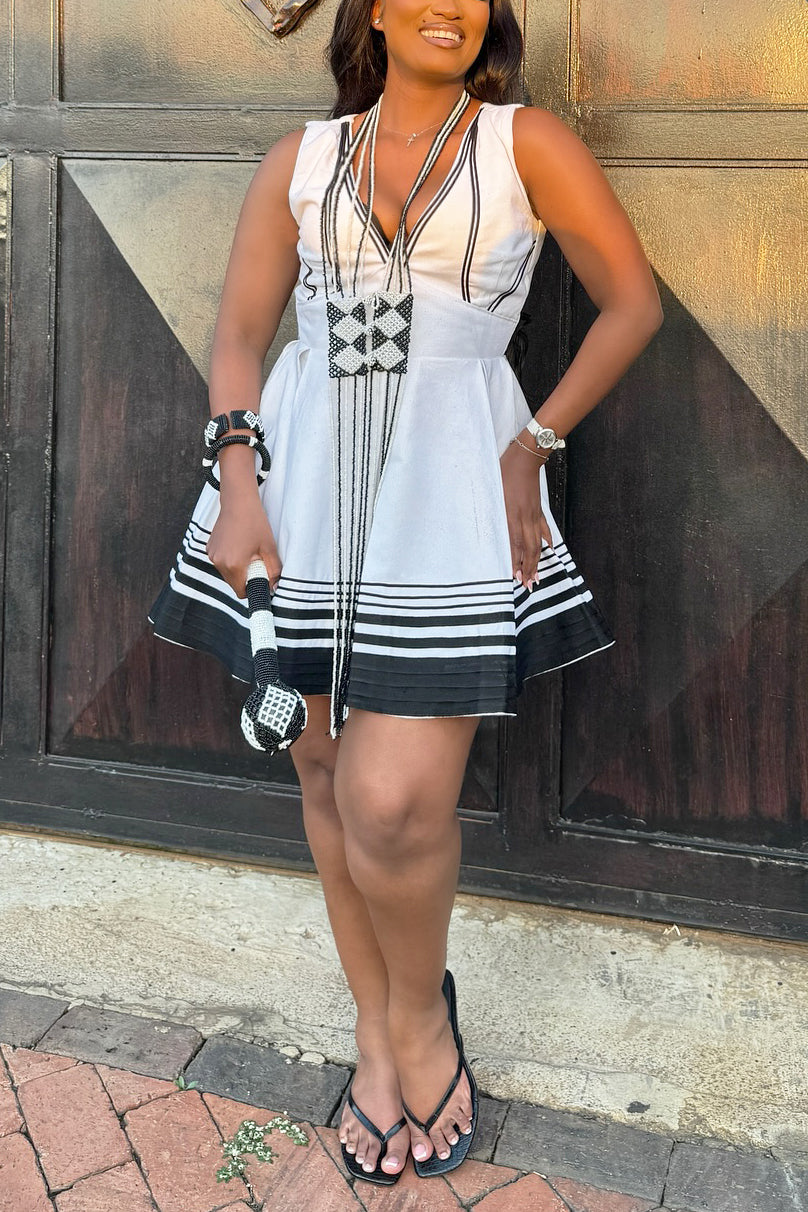Playful Geometric Print Drawstring Sleeveless Mini Dress