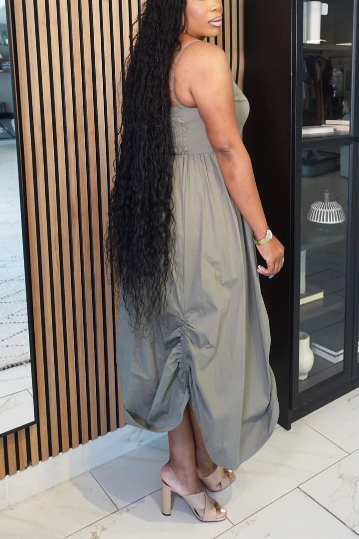 Casual Pleated Drawstring Sling Maxi Dress