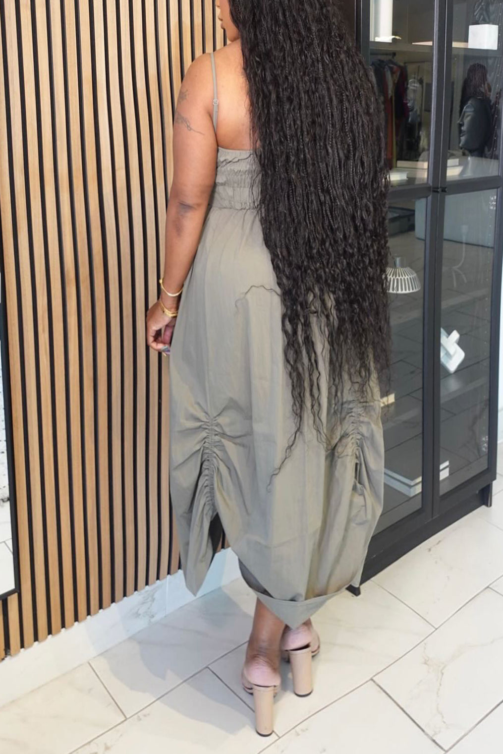 Casual Pleated Drawstring Sling Maxi Dress