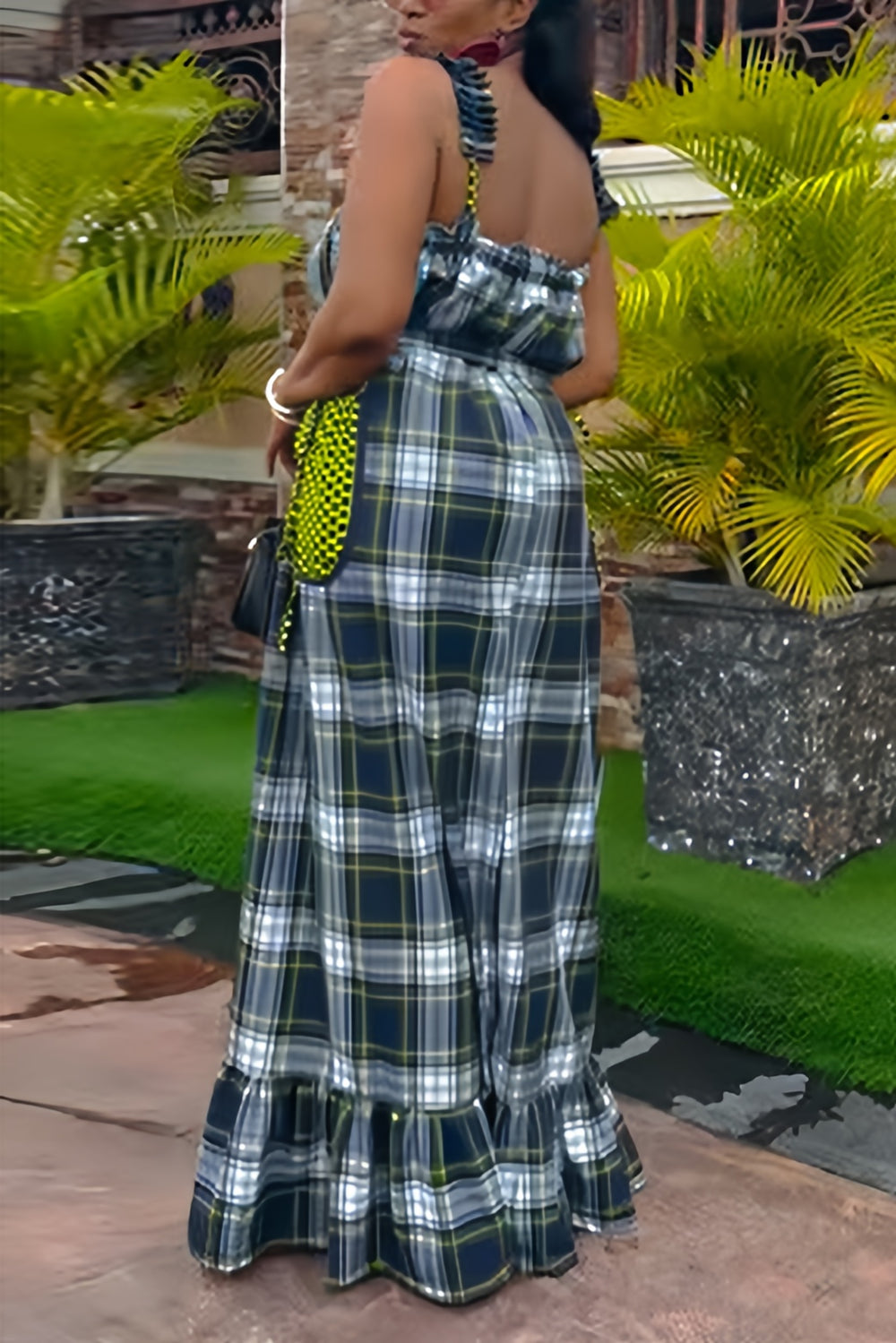 Playful Plaid Print Ruffle Hem Suspender Maxi Dress