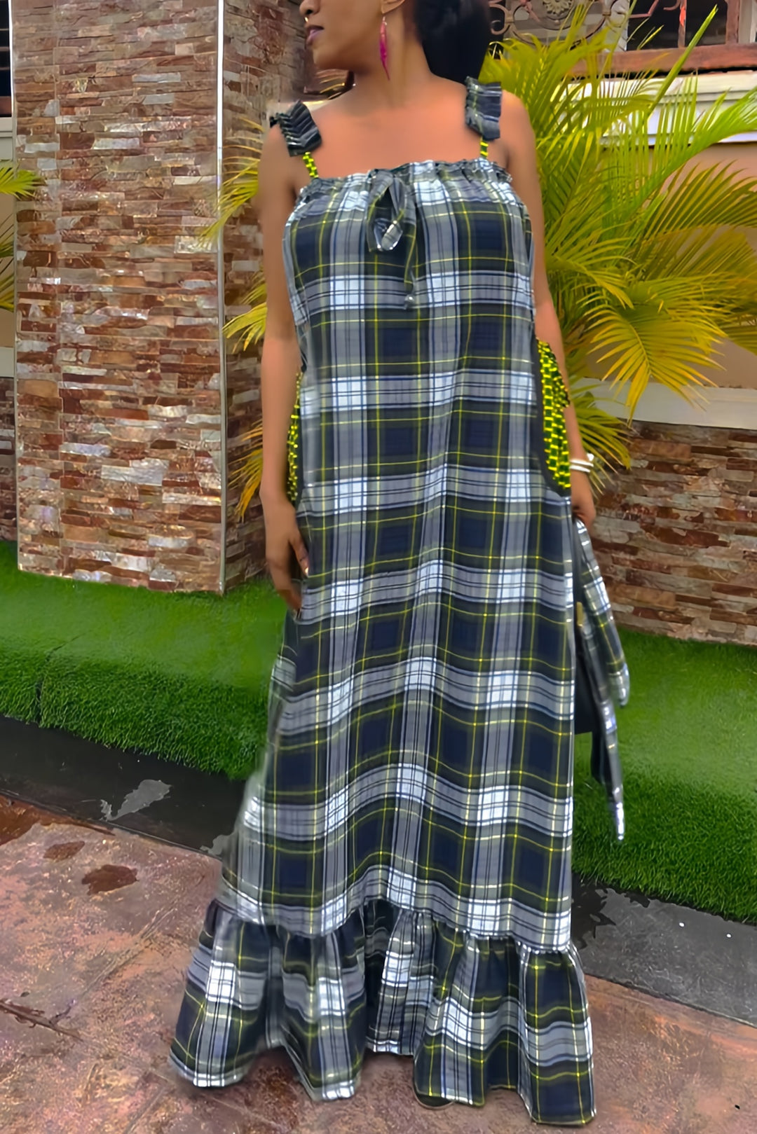 Playful Plaid Print Ruffle Hem Suspender Maxi Dress