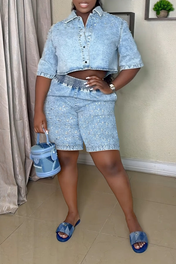 Unique Rhinestone Denim Jacket & Elastic Waist Shorts Set