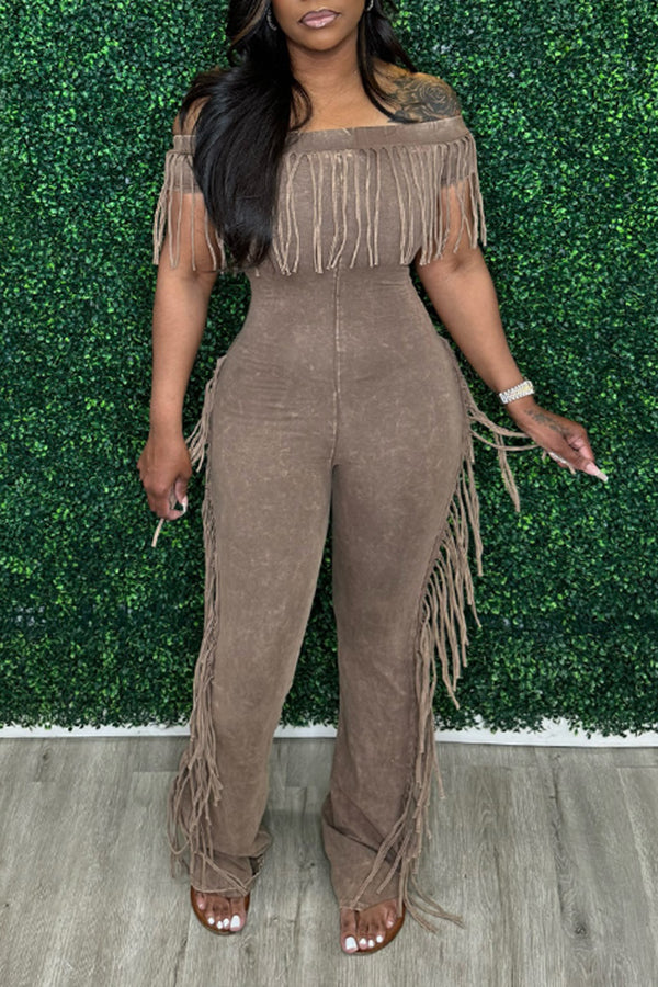 Striking Off Shoulder Tassel Snowflake Distressed Jumpsuit