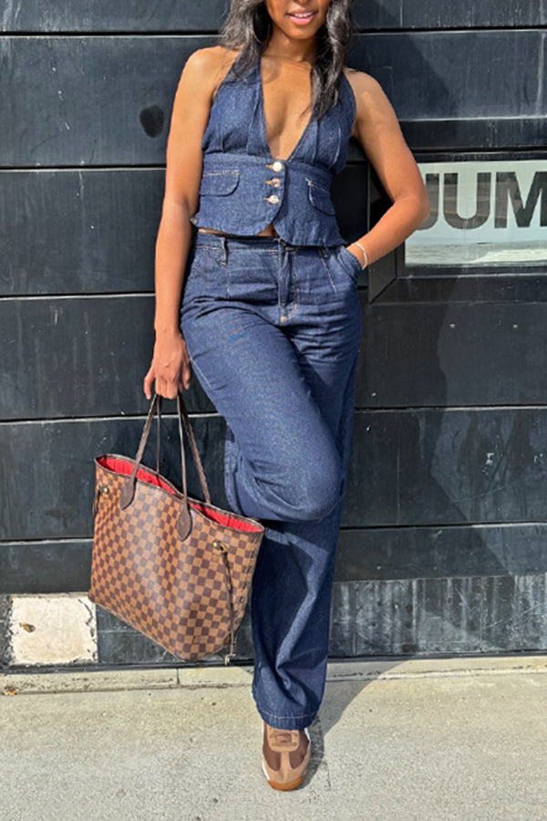 Stylish Denim Halterneck Top & Low Rise Jeans Set