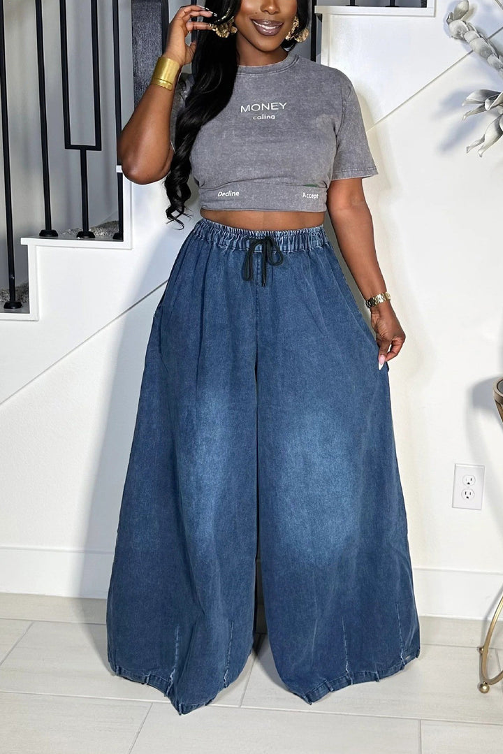 Loose Fit Drawstring High Waist Wide Leg Jeans*