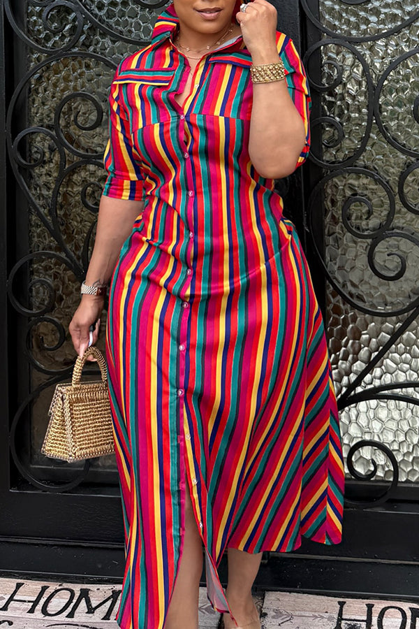 Stylish Colorful Striped Single Breasted Maxi Dress*