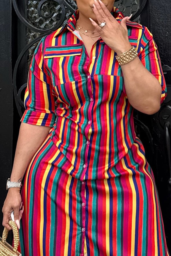 Stylish Colorful Striped Single Breasted Maxi Dress*