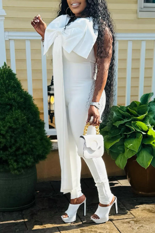 Playful Bow Patchwork Sling Bodycon Jumpsuit