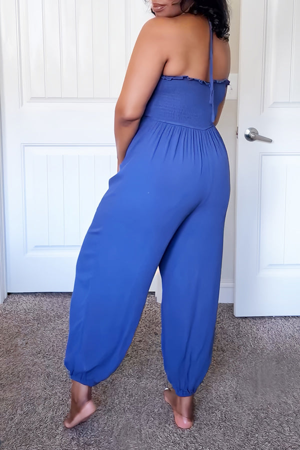 Charming Pleated Elastic Waist Double Pocket Halterneck Jumpsuit