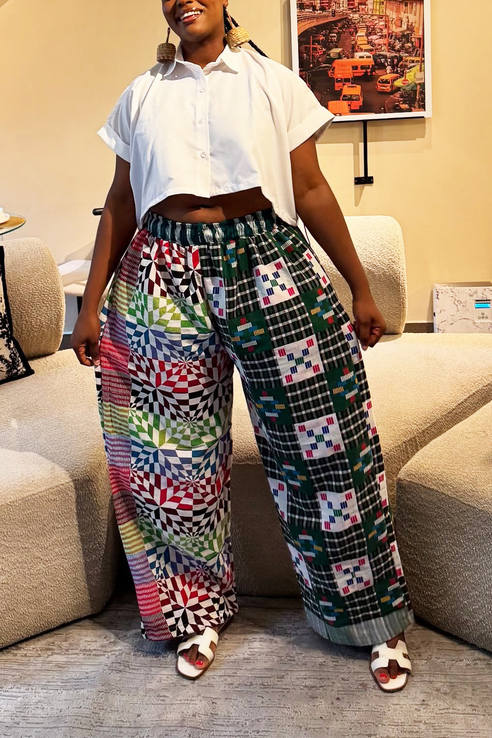 Striking Plaid Geometric Print Wide Leg Pants