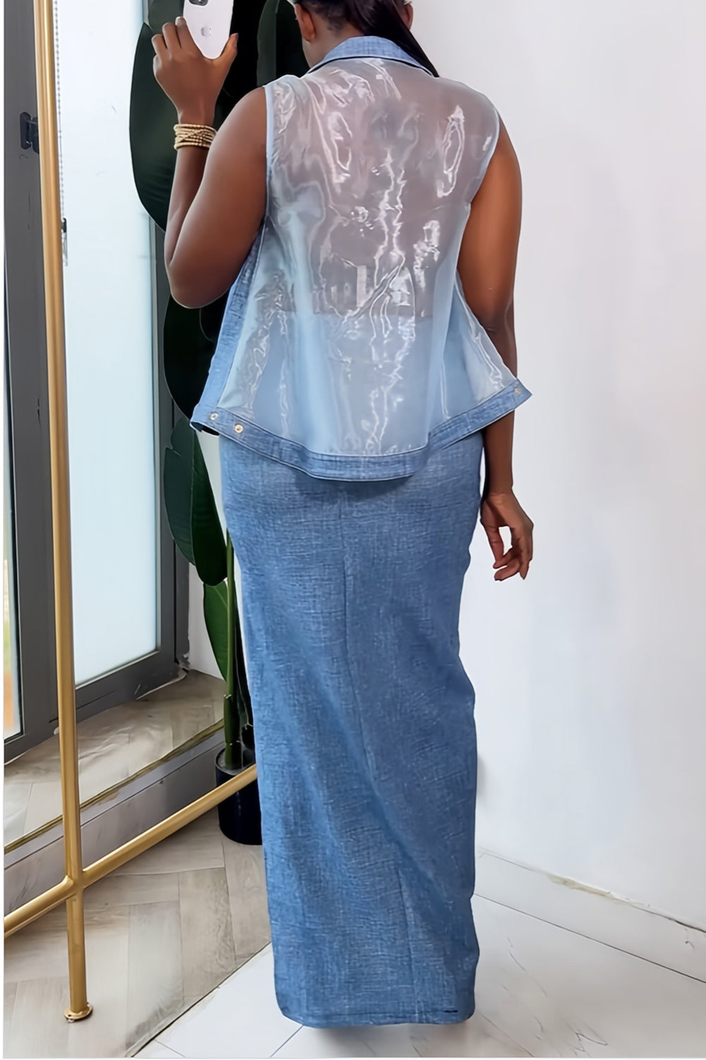 Stylish Organza Patchwork Sleeveless Top & Slit Skirt Set
