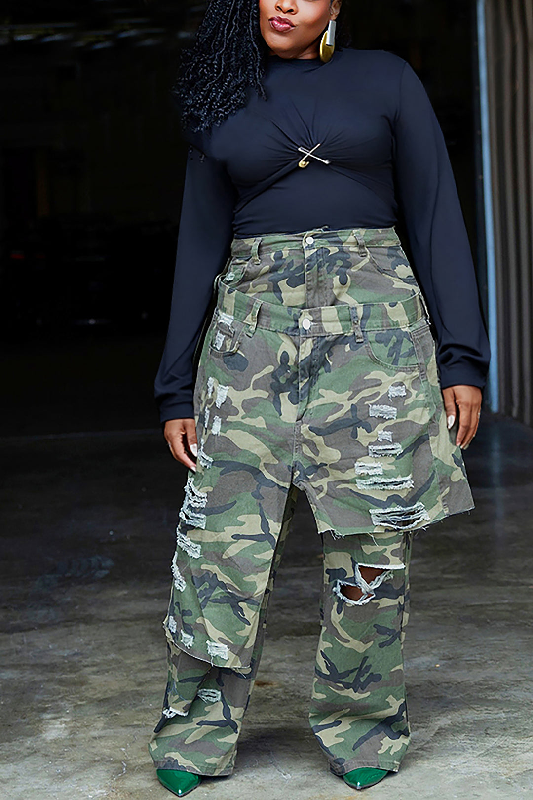 Casual Layered Patchwork Ripped Raw Edge Camouflage Pants