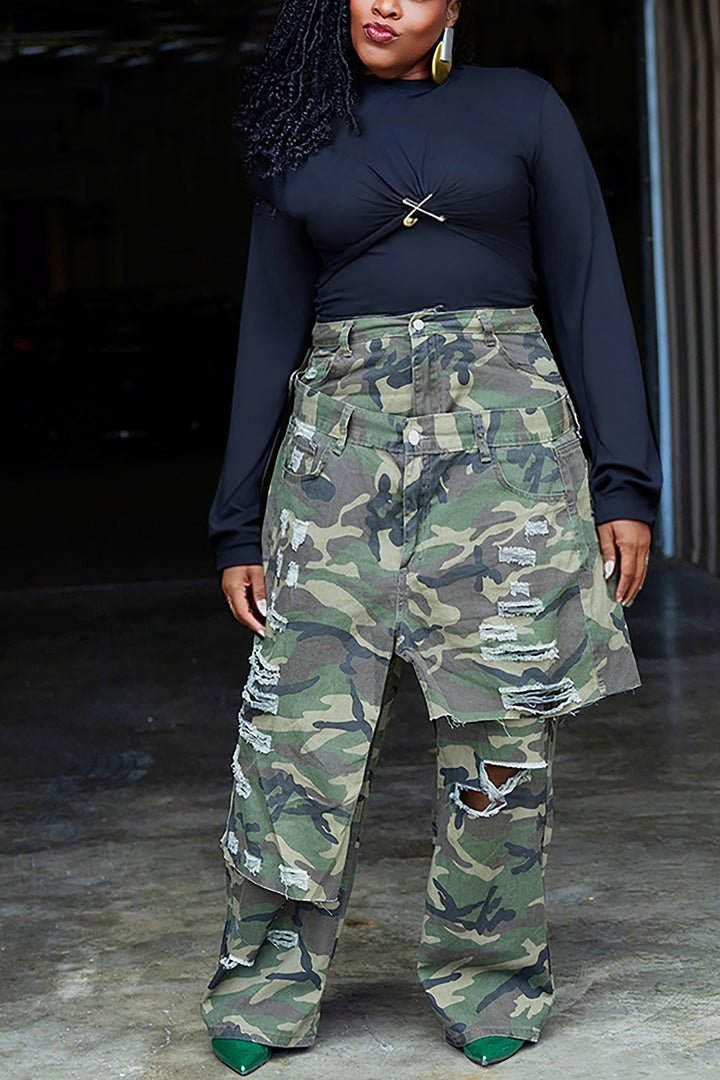 Casual Layered Patchwork Ripped Raw Edge Camouflage Pants