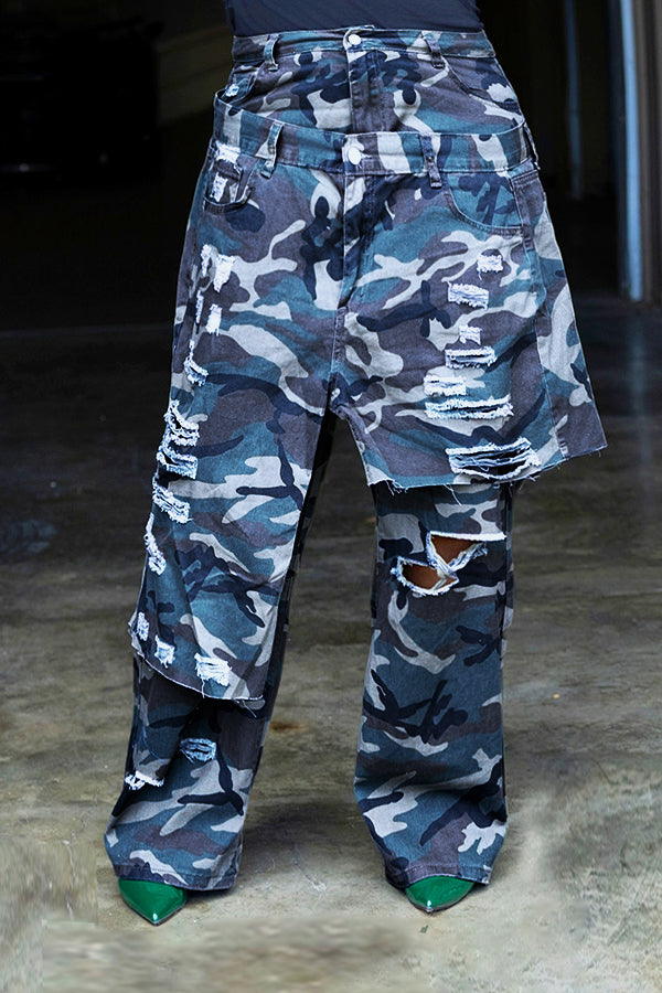 Casual Layered Patchwork Ripped Raw Edge Camouflage Pants