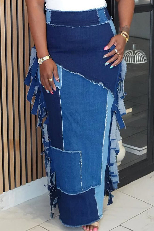 Casual Patchwork Raw Edge High Waist Denim Skirt