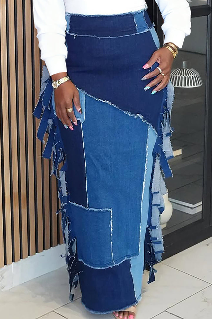 Casual Patchwork Raw Edge High Waist Denim Skirt
