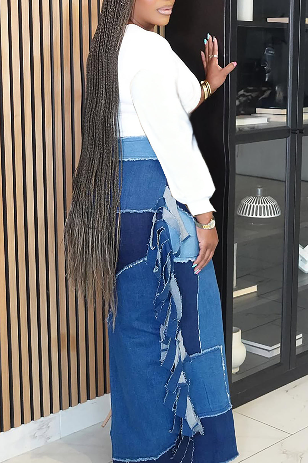 Casual Patchwork Raw Edge High Waist Denim Skirt