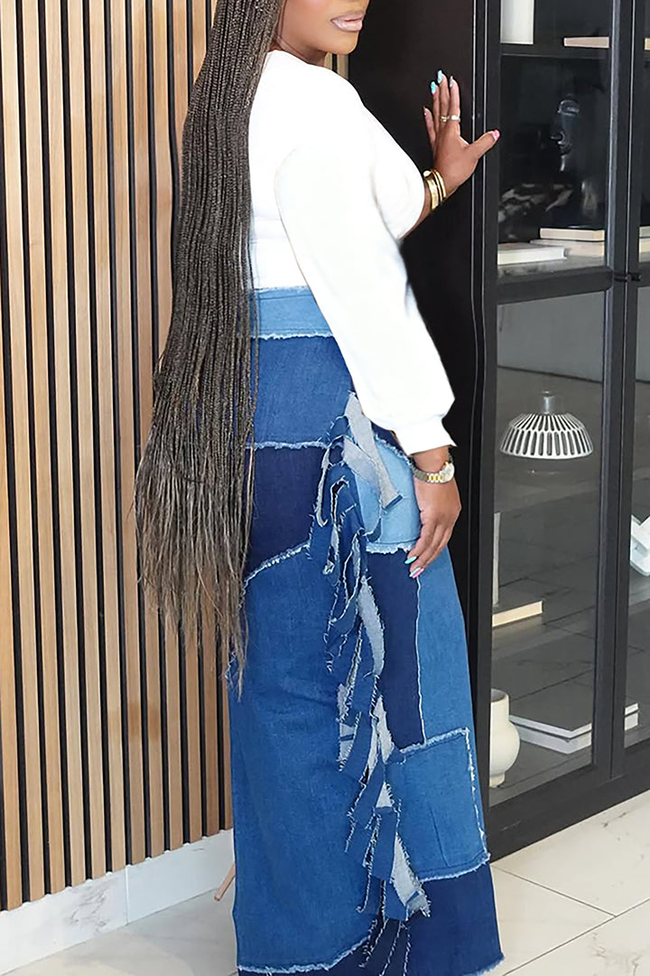 Casual Patchwork Raw Edge High Waist Denim Skirt