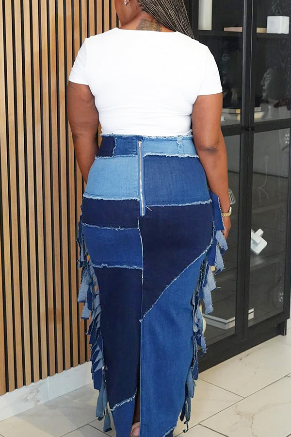 Casual Patchwork Raw Edge High Waist Denim Skirt
