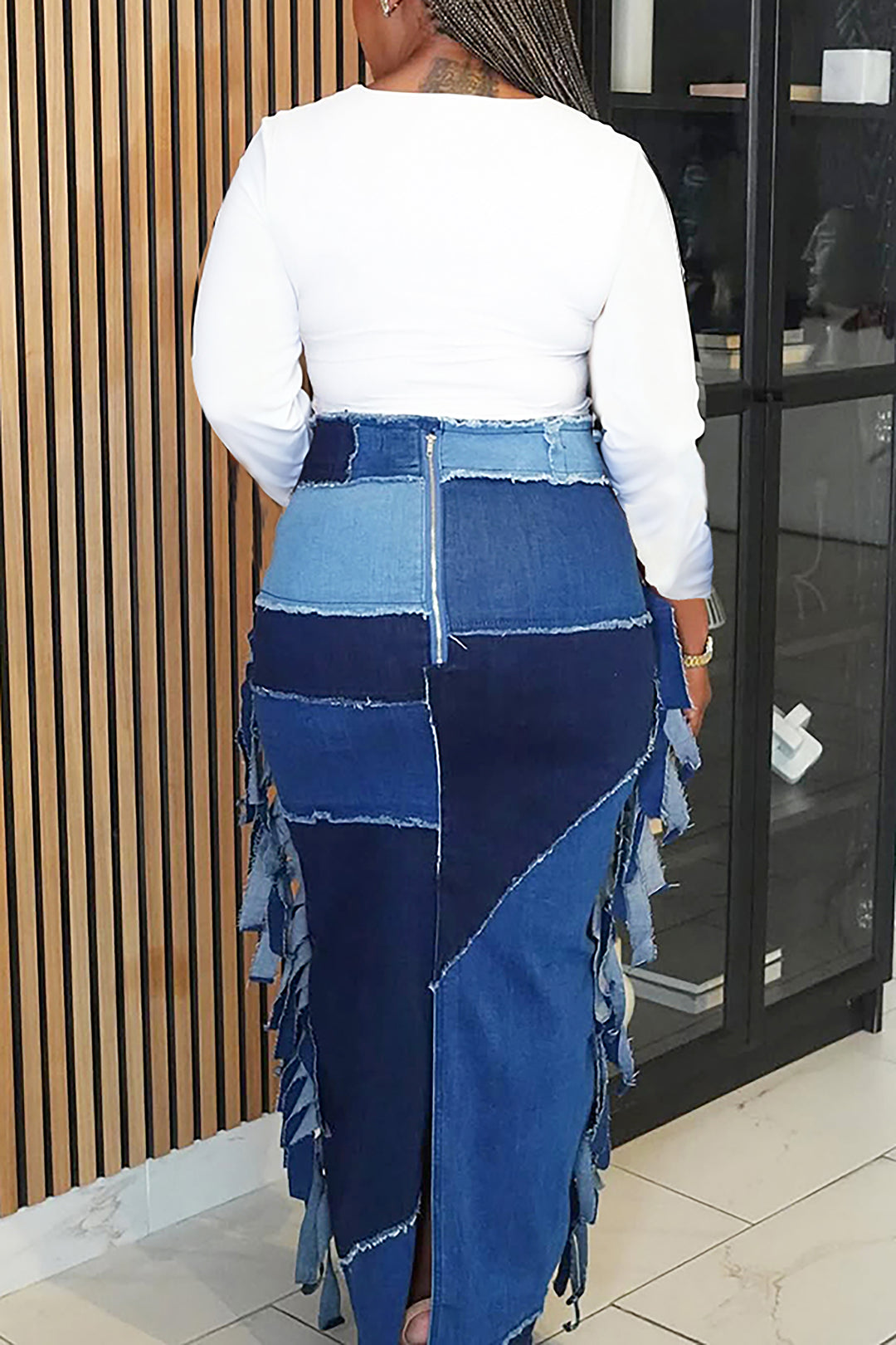 Casual Patchwork Raw Edge High Waist Denim Skirt