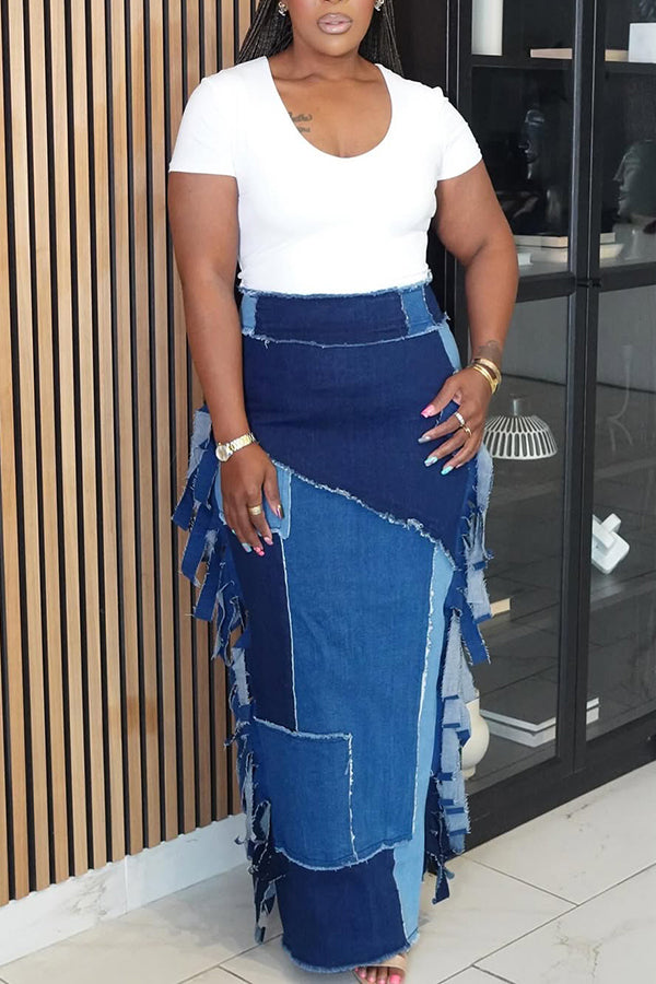 Casual Patchwork Raw Edge High Waist Denim Skirt
