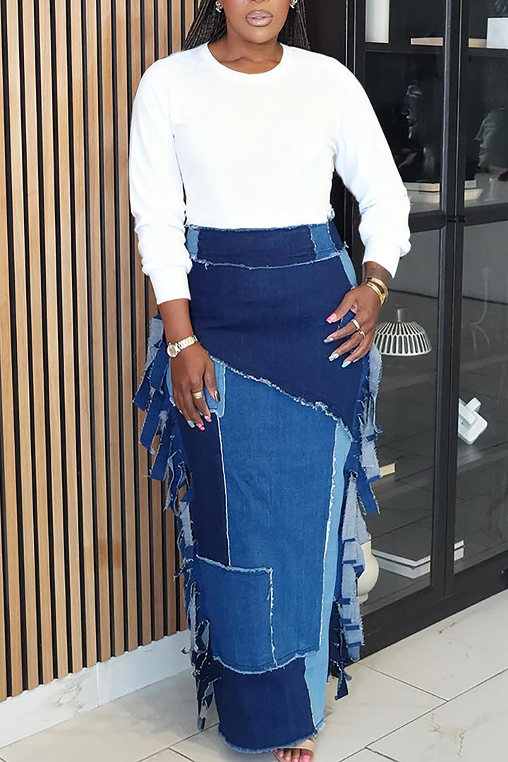 Casual Patchwork Raw Edge High Waist Denim Skirt