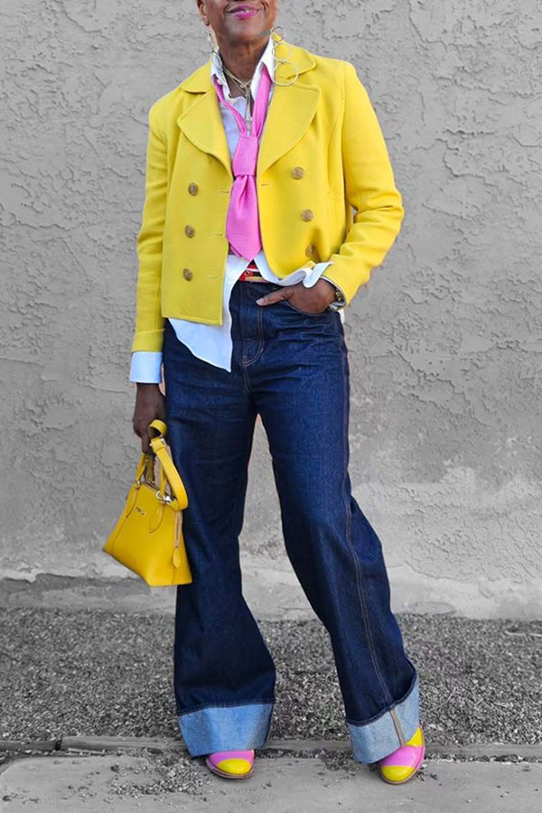 Bright Lapel Collar Double Breasted Pocket Jacket