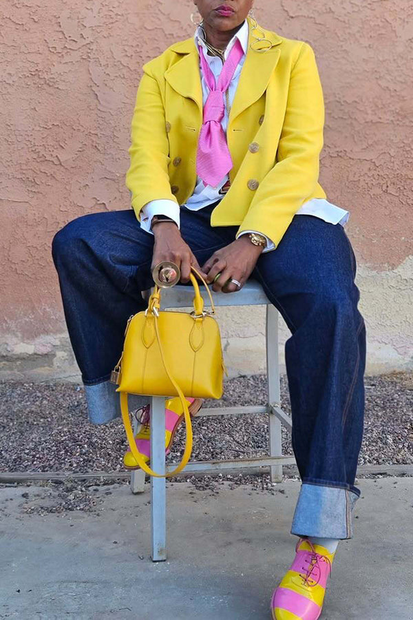 Bright Lapel Collar Double Breasted Pocket Jacket