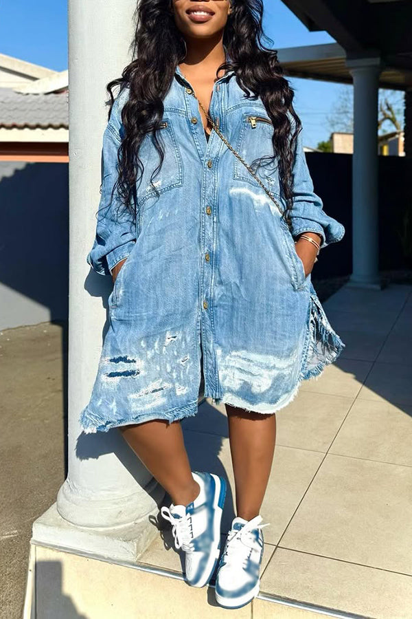 Street Style Single Breasted Raw Edge Denim Romper
