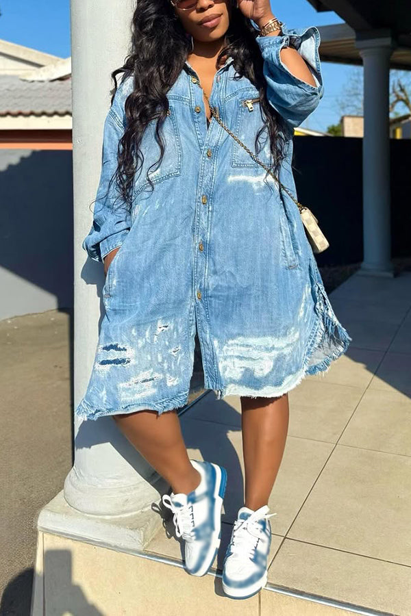 Street Style Single Breasted Raw Edge Denim Romper
