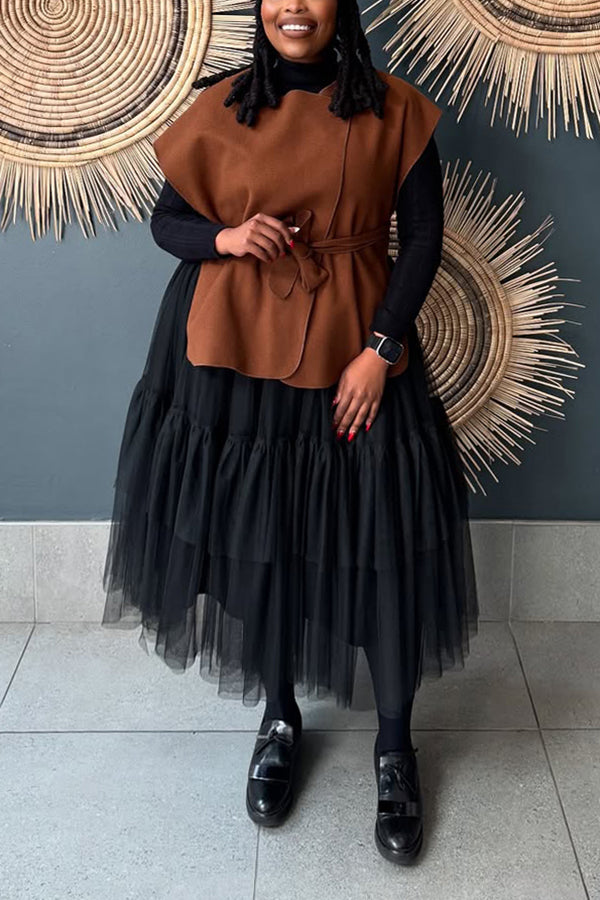 Elegant Belted Woolen Vest & Ruffled Mesh Dress Set