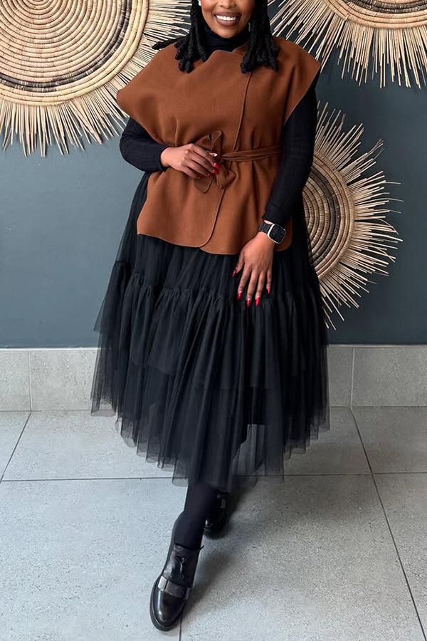 Elegant Belted Woolen Vest & Ruffled Mesh Dress Set