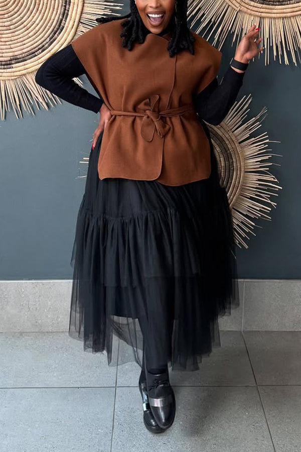 Elegant Belted Woolen Vest & Ruffled Mesh Dress Set