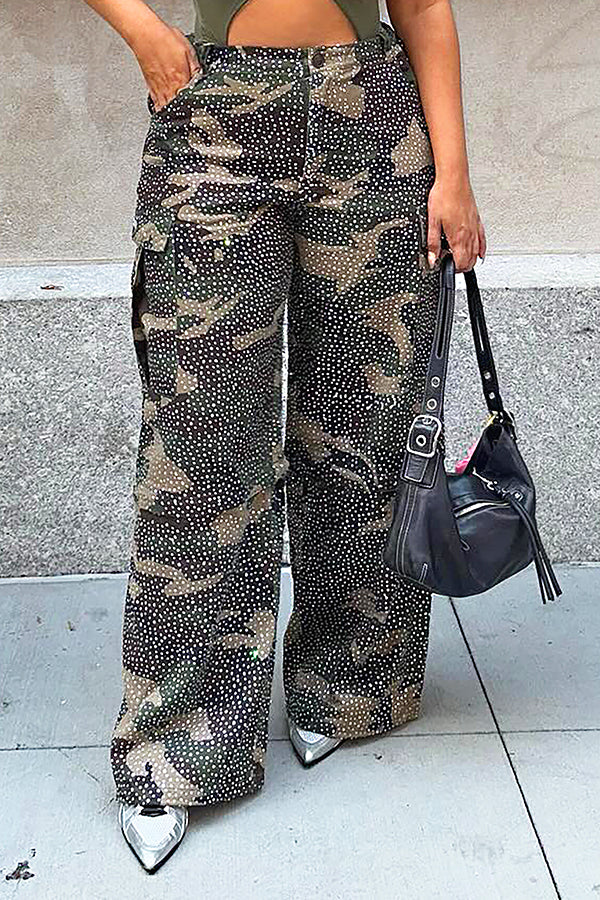 Cool Rhinestone Camouflage High Waist Wide Leg Pants