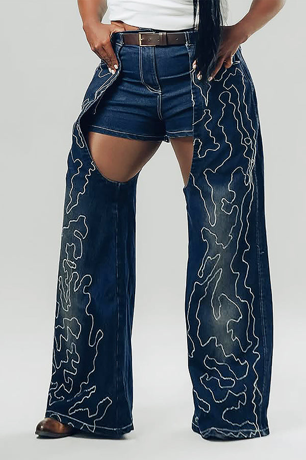 Retro Embroidery Patchwork High Waist Wide Leg Jeans