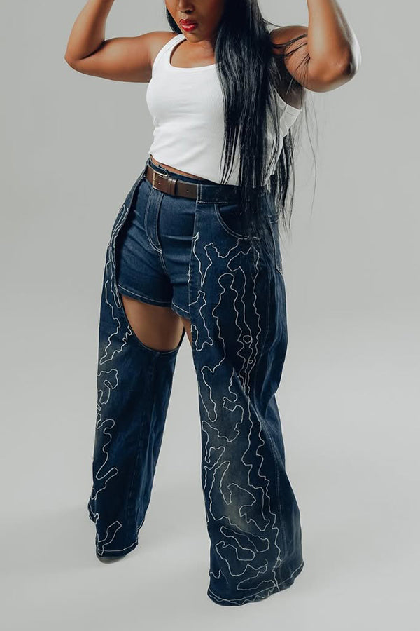 Retro Embroidery Patchwork High Waist Wide Leg Jeans