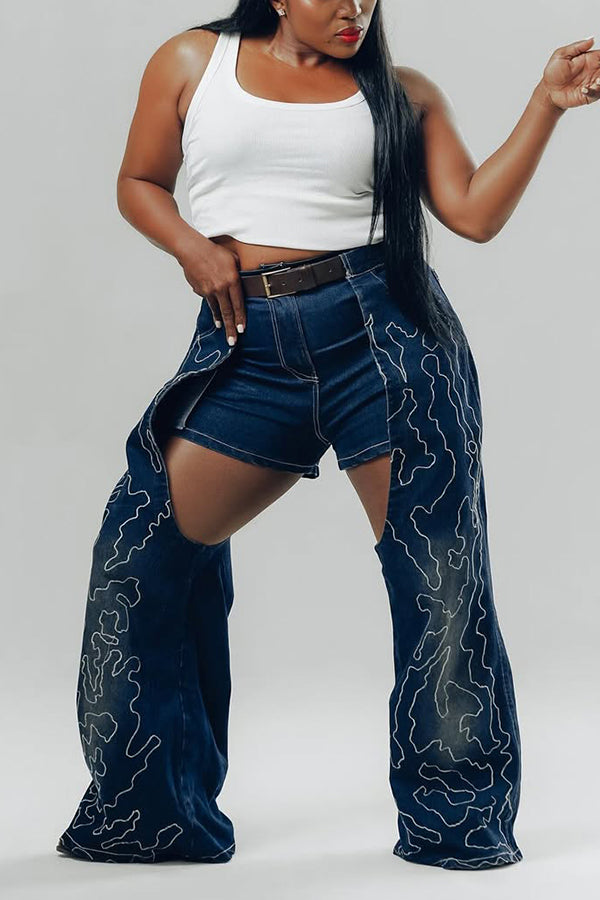 Retro Embroidery Patchwork High Waist Wide Leg Jeans