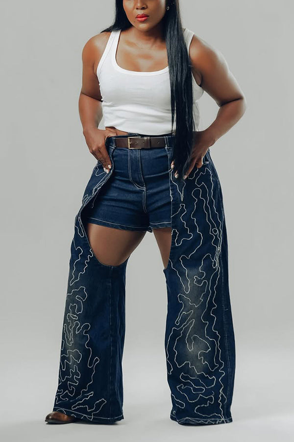 Retro Embroidery Patchwork High Waist Wide Leg Jeans