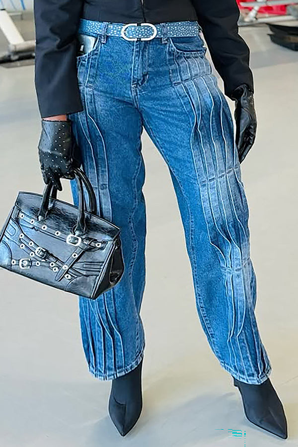 Stylish Pleated Bleached High Waist Jeans