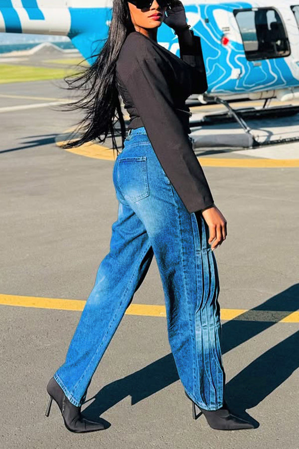 Stylish Pleated Bleached High Waist Jeans